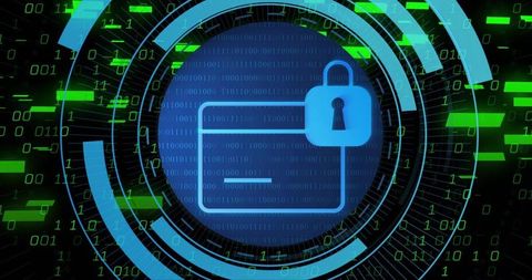 Blue Locked Folder in Futuristic HUD with Binary Stream for Cybersecurity and Encryption