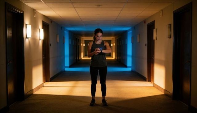 Female runner checking smartwatch in hotel corridor during evening run