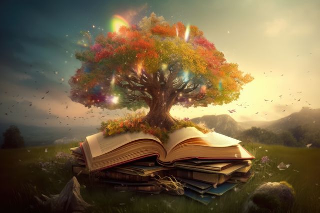 Open book at the center captures a mystical tree with brightly colored leaves and glowing elements, symbolizing imagination and storytelling. Perfect for themes involving fantasy, creativity, education, and mystical adventures. Suitable for book covers, fantasy art, educational materials, and digital wallpapers.