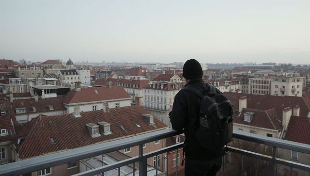 Man standing on rooftop balcony overlooking red-tiled city rooftops, moody urban solitude