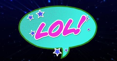 Pop art comic speech bubble saying lol! turquoise halftone with magenta and cosmic stars