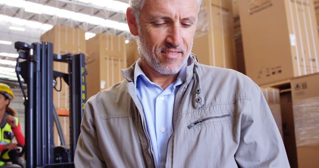 Warehouse manager overseeing operations with a forklift and stacks of boxes in the background. He seems focused and involved with the running of the warehouse activities. Ideal for use in articles on logistics, management, industrial processes, warehousing, and supply chain operations.