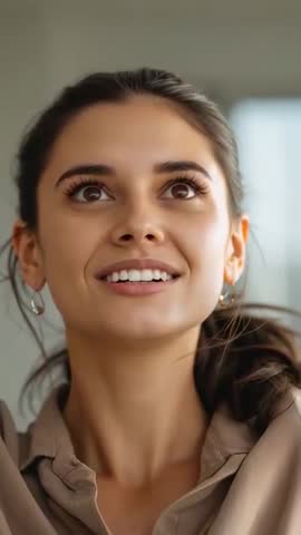 Vertical video: smiling woman reacting to offscreen cue, closeup, warm expression