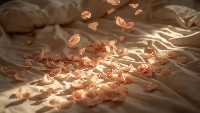 Falling pale peach rose petals drifting across rumpled sunlit sheets romantic morning