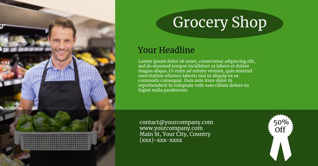 Smiling Shopper Promoting Fresh Produce Deals at Grocery Shop - Download Free Stock Templates Pikwizard.com