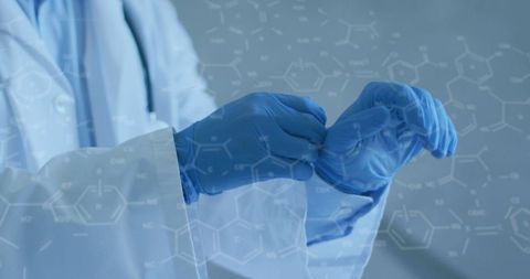 Doctor Wearing Protective Gloves with Chemical Blueprint Overlay
