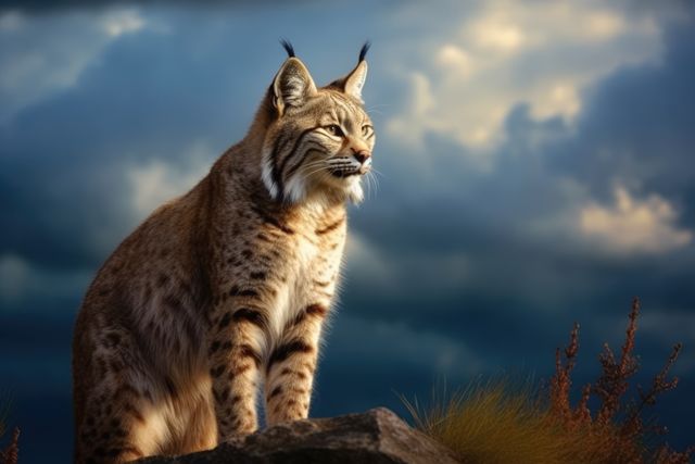 Close up of bobcat standing on rock with stormy sky, created using generative ai technology. Nature, animal and wildlife concept digitally generated image.