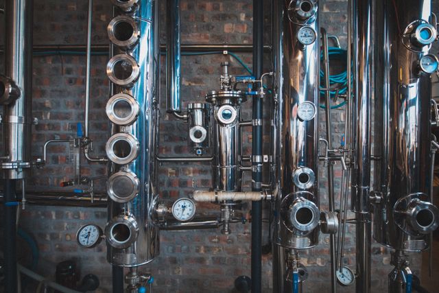 Shiny metal pipes with windows, temperature and pressure gauges on equipment at gin distillery. equipment at an independent craft gin distillery business.