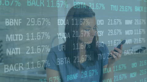 Woman Interacting with Financial Technology Overlay using Smartphone