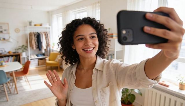 Smiling woman taking selfie and waving in sunlit modern living room with plants and window