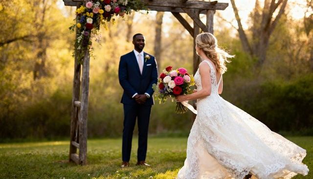 Sunlit garden wedding bride walking toward groom under floral arbor at golden hour glow