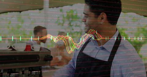 Barista Making Espresso with Financial Graph Overlay