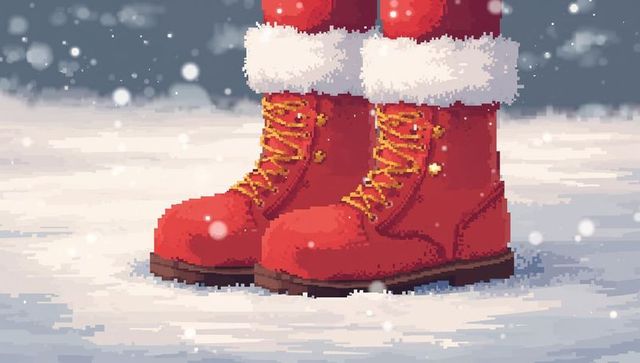 Standing red lace-up santa boots with fluffy fur cuffs in snowy pixel art winter scene