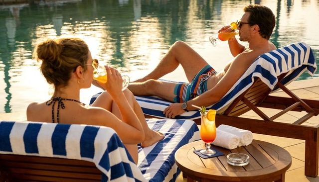 Couple relaxing on poolside loungers sipping tropical cocktails on sunny resort deck