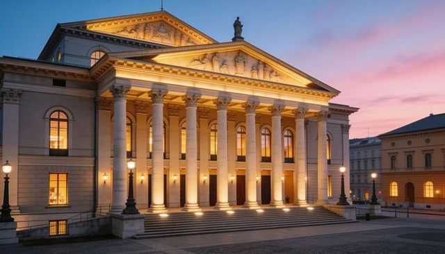 Neoclassical opera house at dusk featuring illuminated corinthian portico and grand steps