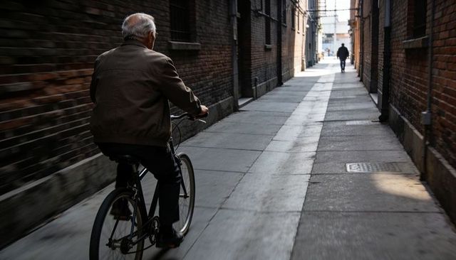 Riding senior man cycling down narrow brick alleyway in urban light