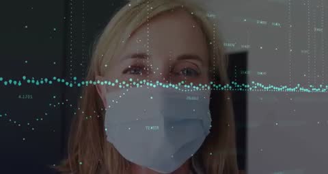 Masked Woman with Data Overlaying Face Depiction of Analytics in Education