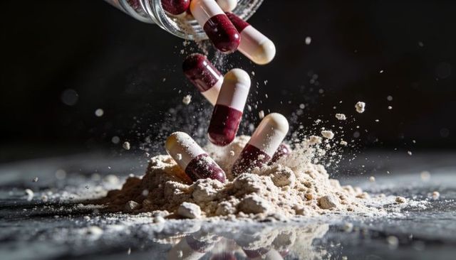 Pouring maroon-white capsules striking beige powder, scattering dust in high-speed macro