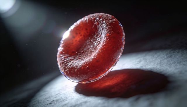 Glowing red blood cell macro closeup with translucent biconcave texture and rim lighting