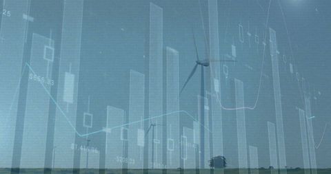 Wind Turbines Overlapped with Financial Data Charts and Grainy Effects