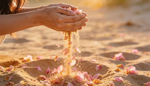 Hands pouring sand and pink petals on sunlit beach, golden hour texture and serenity