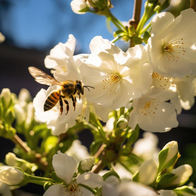 Close up of bee hovering by white blossoms in sun, created using generative ai technology. Feeding, insects, nature, summer and wildlife concept digitally generated image.