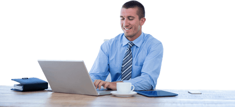 Transparent Businessman Smiling While Using Laptop in Office Work Space - Download Free Stock Videos Pikwizard.com