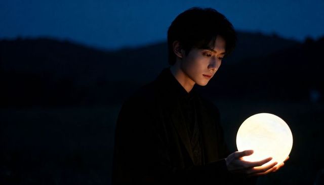 Young asian man holding glowing orb at night in field, contemplative moonlike solitude