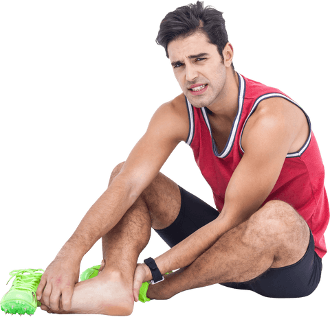 Frustrated athlete experiencing foot pain transparent background