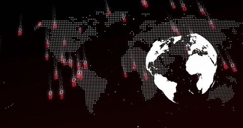 Digital world map with binary code on dark background