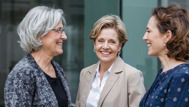 Senior female leaders networking and smiling outside modern corporate building