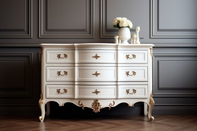 An elegant white dresser with detailed gold accents stands in a classic, sophisticated room with dark paneling. A bouquet of white flowers in a vase adds charm to the scene. Perfect for use in interior design publications, luxury home decor websites, and promotional materials aiming to depict classic elegance.