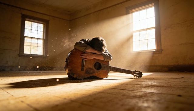 Lonely musician embracing worn acoustic guitar in sunlit empty room