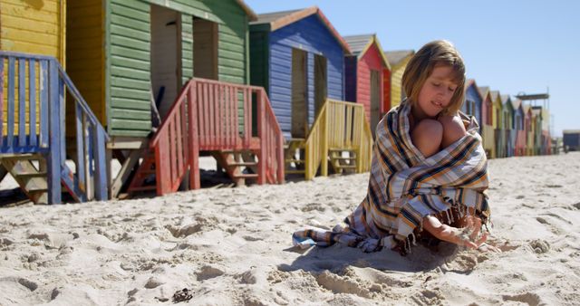 Child Sitting on Beach Wrapped in Blanket Near Colorful Beach Huts - Download Free Stock Images Pikwizard.com