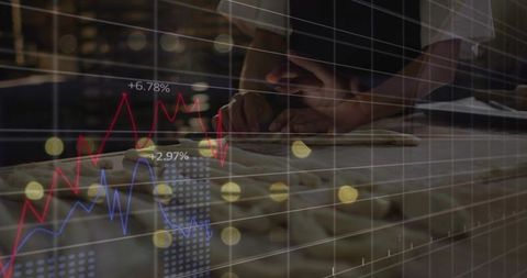 Baker pressing dough, sales charts overlaying bakery growth and performance