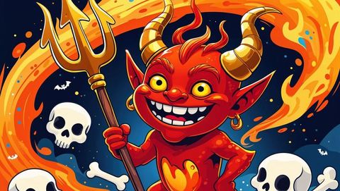 Playful Red Demon with Trident in Mystical Fiery Landscape