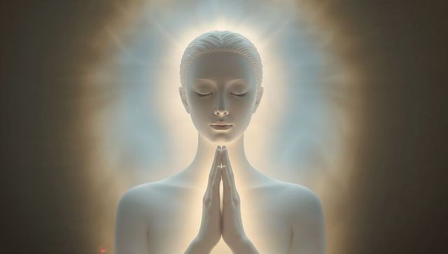 Ethereal praying sculpture radiating halo light, meditative female figure with glowing aura