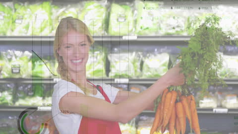 Smiling Woman in Grocer with Carrots and Data Analytics Overlay