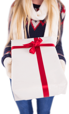 Festive Blonde Holding Gift with Red Ribbon on Transparent Background