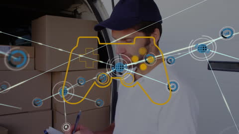Deliveryman with Futuristic Holographic Game Interface Concept