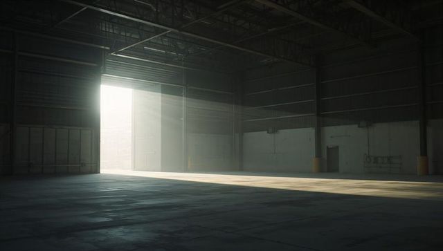 Sunlit Industrial Hangar Interior with Sliding Door, Concrete Floor and Exposed Trusses