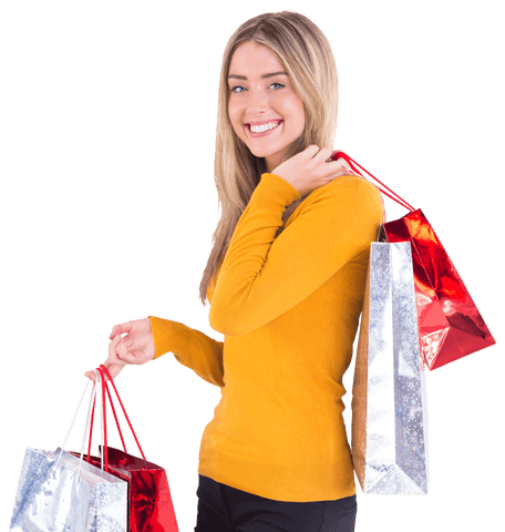 Smiling Woman Holding Trendy Shopping Bags on Transparent Background