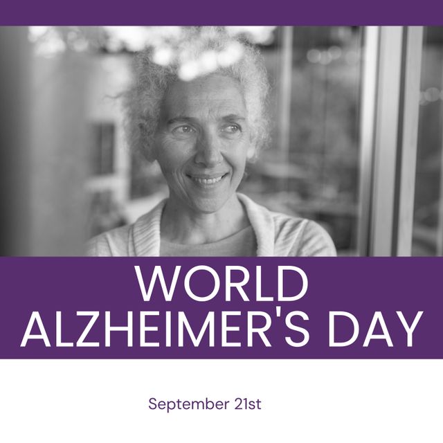 Front-facing senior woman highlights the significance of World Alzheimer's Day on September 21st. This image can be used for healthcare campaigns, Alzheimer's awareness, elderly care promotion, and dementia support advocacy.