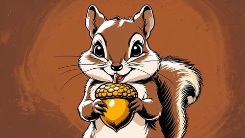 Charming cartoon chipmunk sipping from giant acorn in artistic style