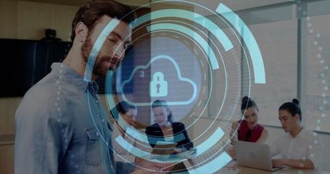 Businessman engaging with cloud security data overlay in meeting room