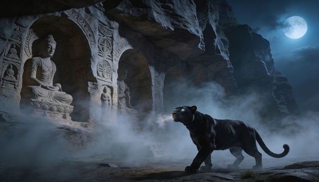 Prowling black panther moving through moonlit buddhist grotto with mist and stone buddhas