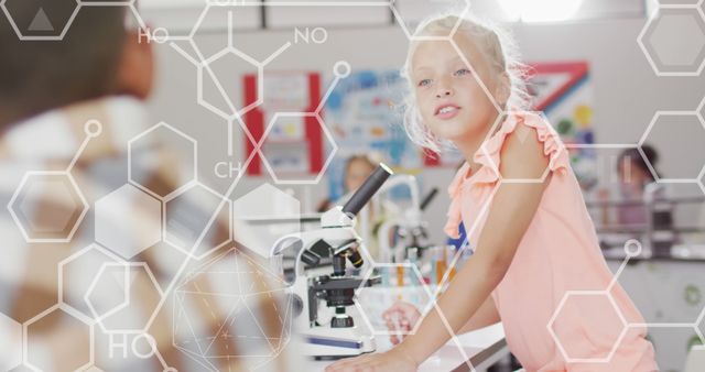Young girl attentively studying with a microscope in a science classroom. Chemistry-related graphical overlays enhance the educational theme. Ideal for educational content, STEM promotions, and science learning resources.