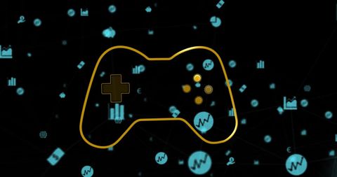 Game Controller Icon Overlaid on Business and Digital Interface Background