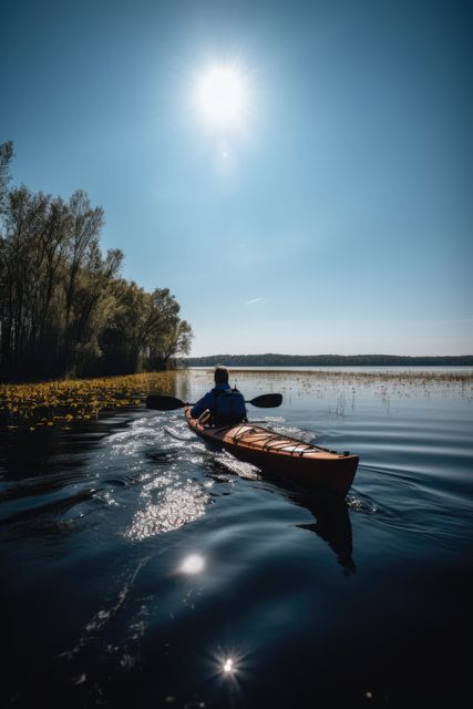 Person kayaking on serene lake under bright sunlight - Download Free Stock Images Pikwizard.com