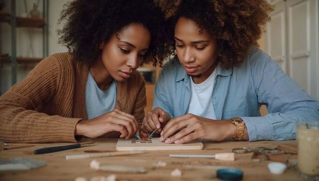 Two women collaborating on delicate wood inlay using tweezers at home craft worktable